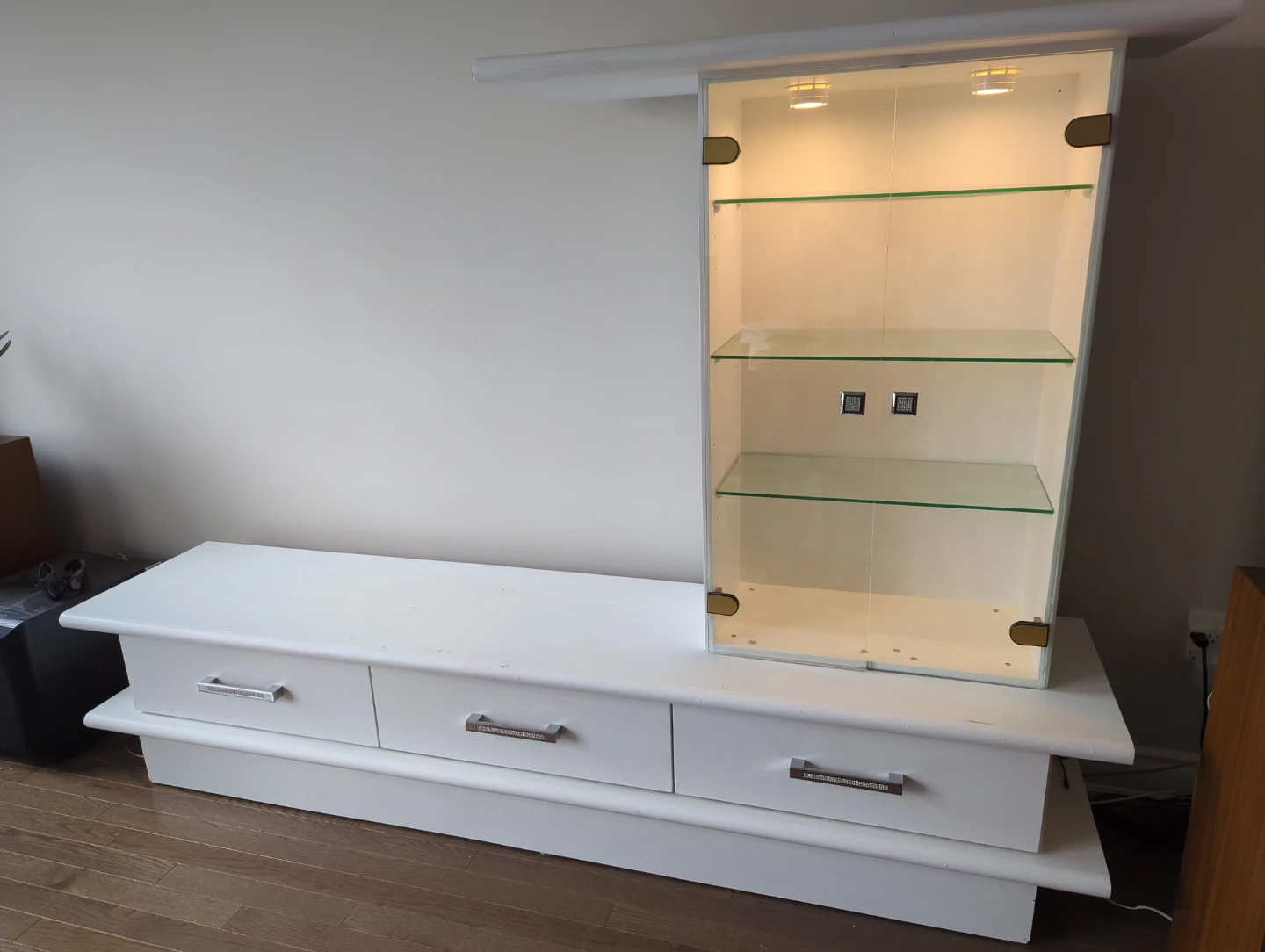 White TV Stand with Glass Display Cabinet