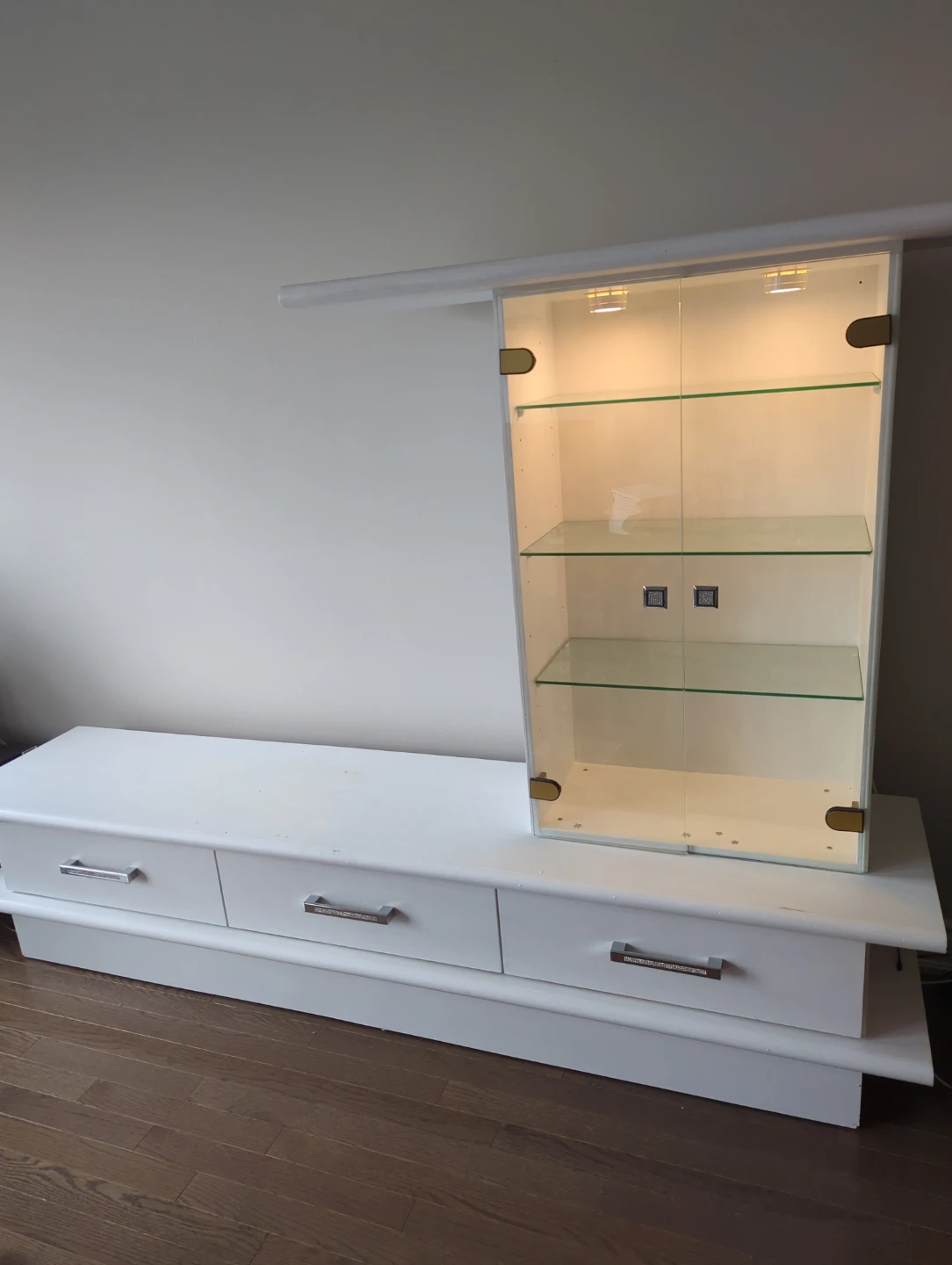 White TV Stand with Glass Display Cabinet - photo 2