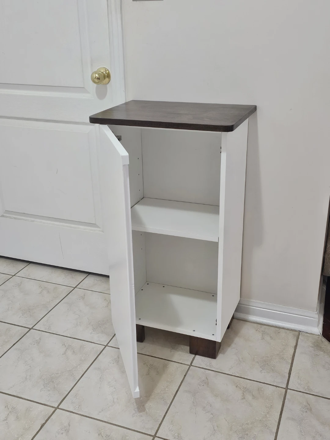 White Storage Cabinet with Dark Wood Top