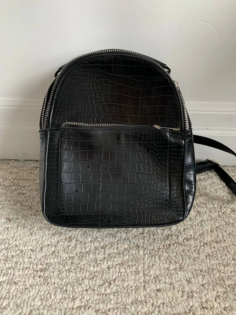 Black Croc-Embossed Faux Leather Backpack