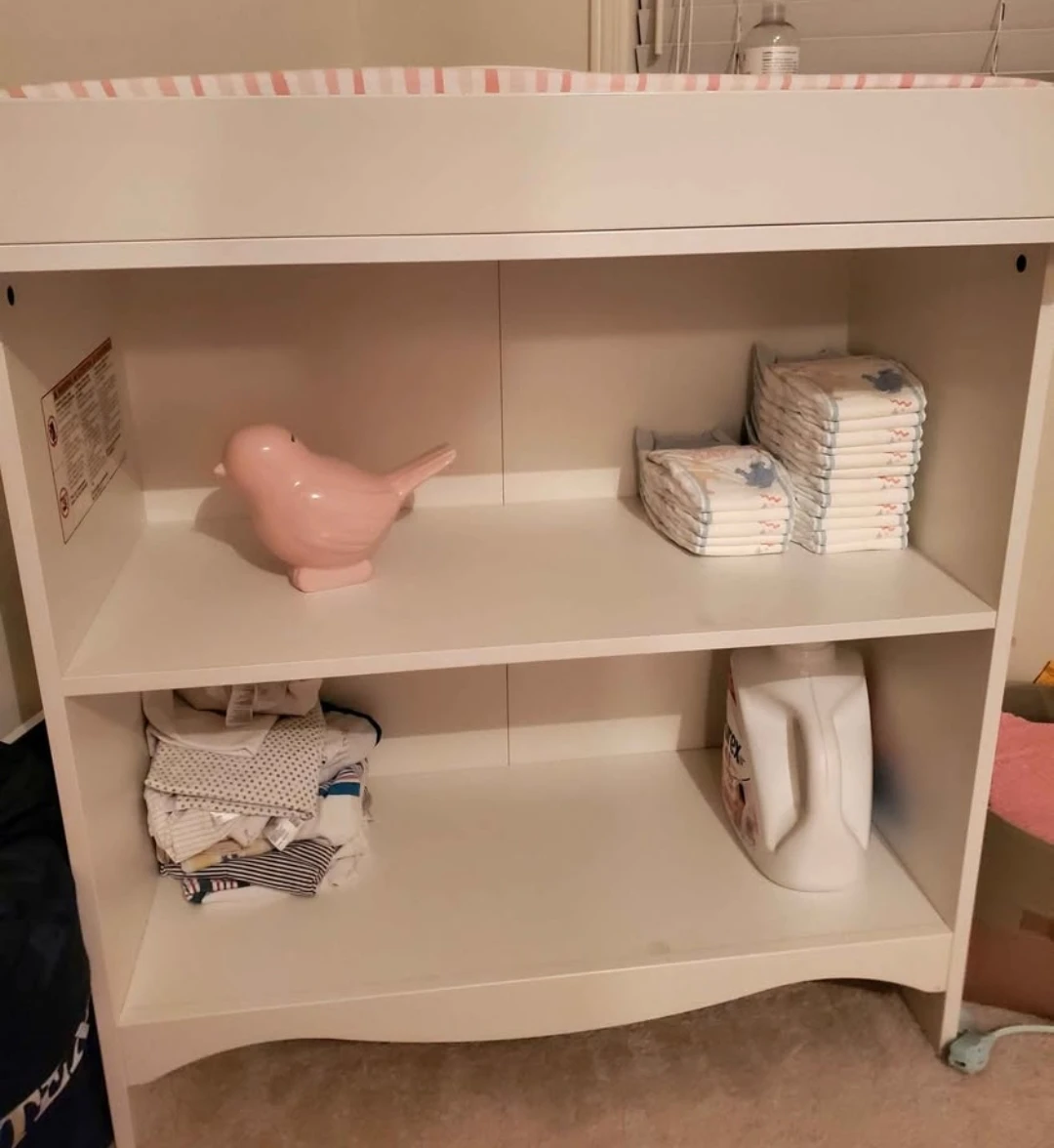 White Baby Changing Table with Storage Shelves and Crib - photo 3