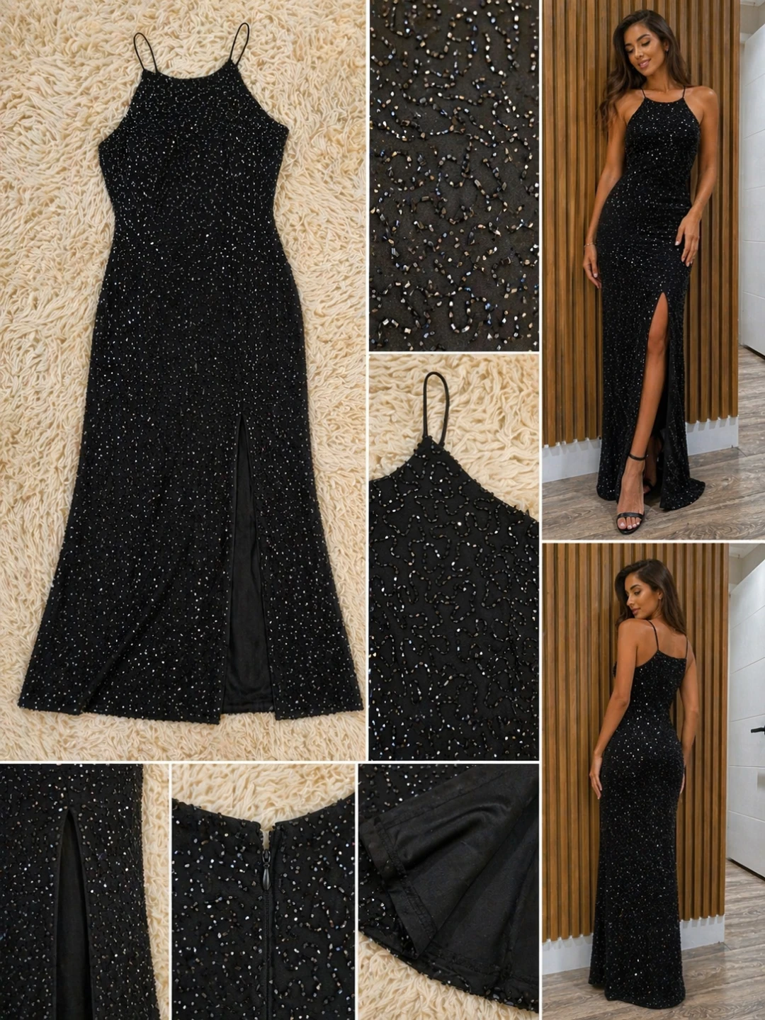 Black Beaded Halter Neck Maxi Dress