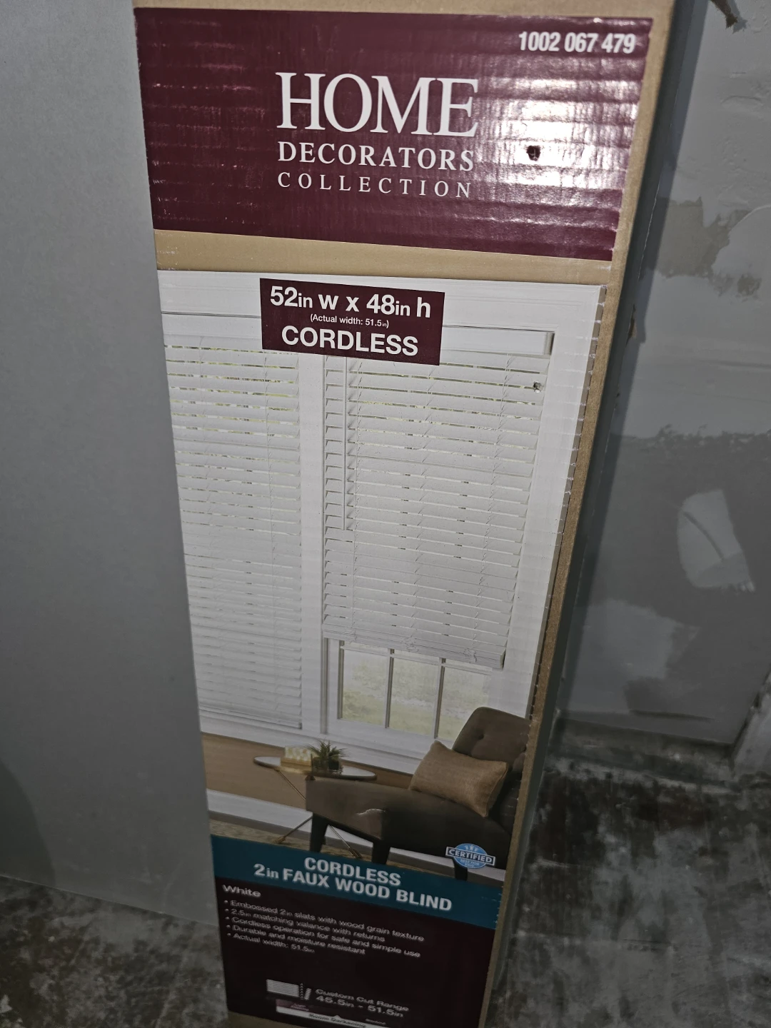 52in W x 48in H Cordless Faux Wood Blind - White