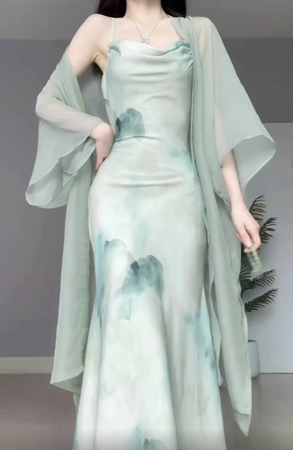 Watercolor Slip Dress with Matching Shawl