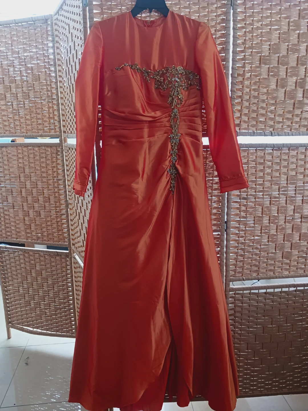Rich Burnt Orange Ruched Formal Dress With Beaded Embellishment