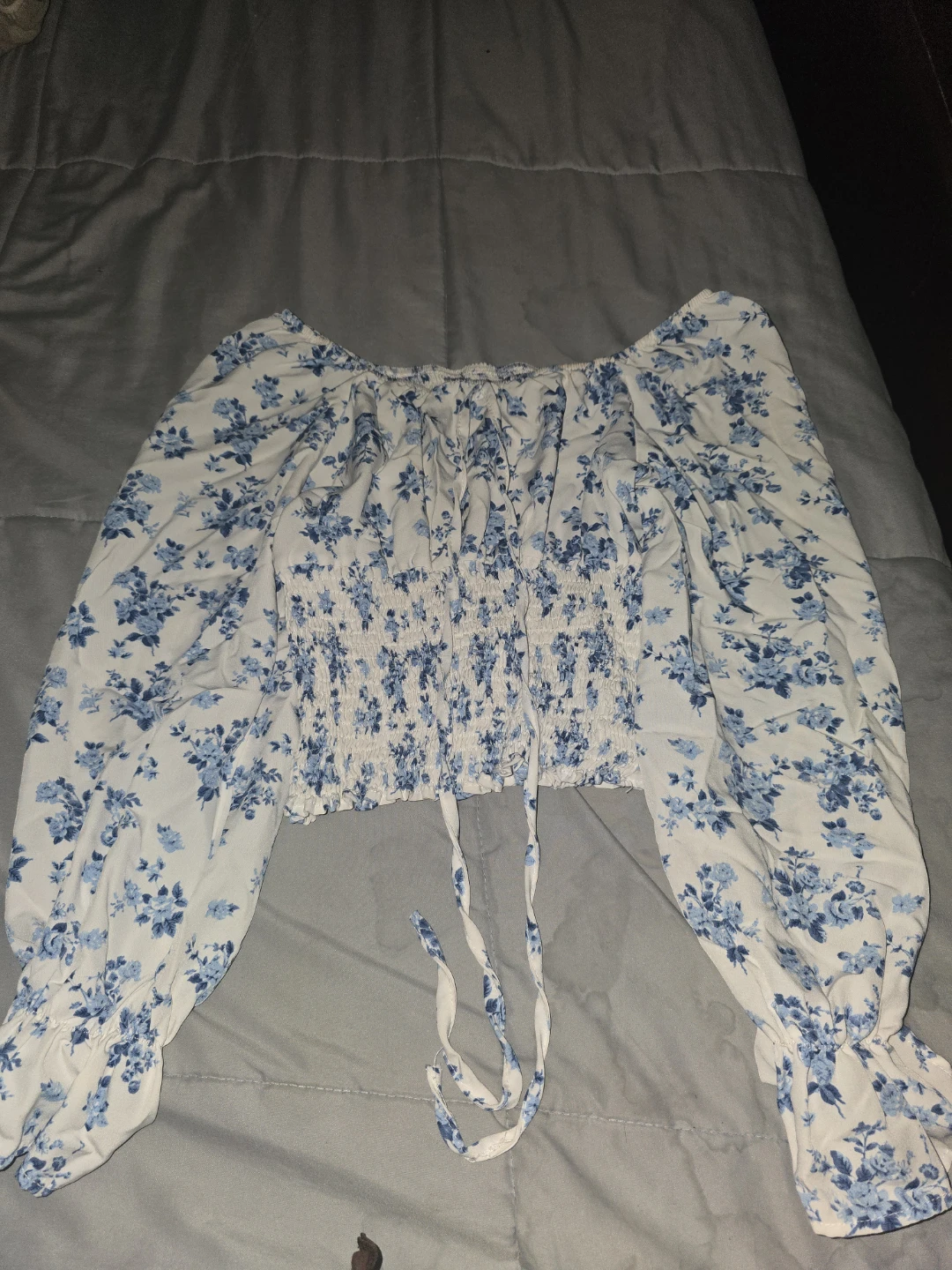 White & Blue Floral Smocked Puff Sleeve Top