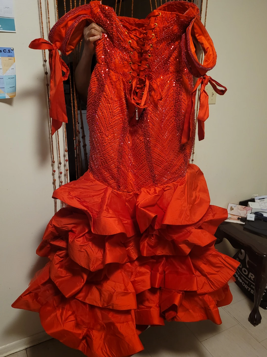 Red Off-the-Shoulder Beaded Ruffle Gown