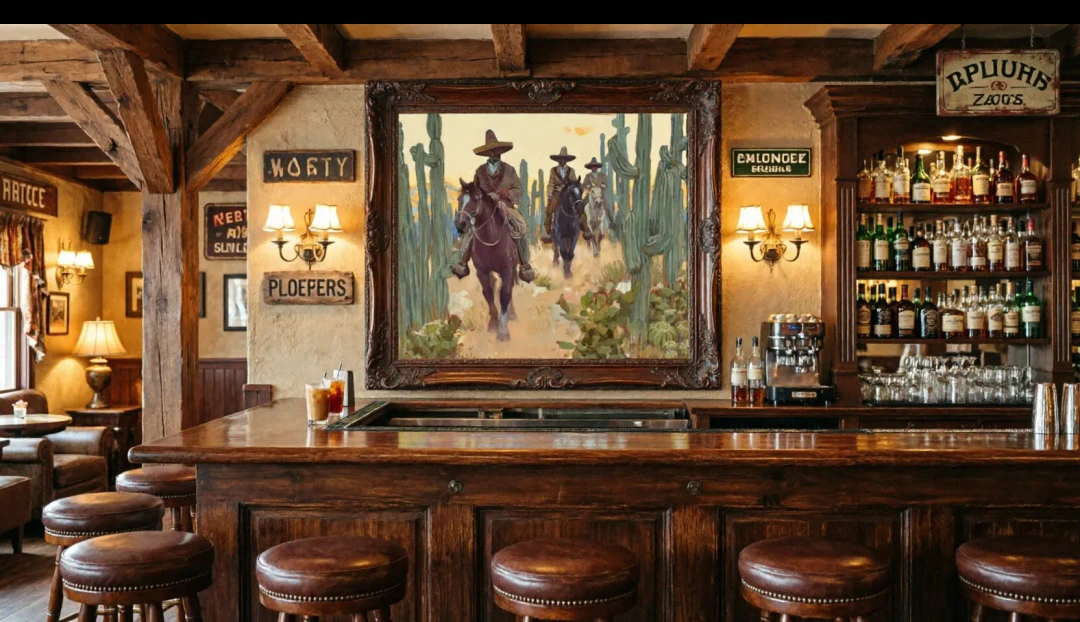 Painting of Cowboys on Horses in Desert