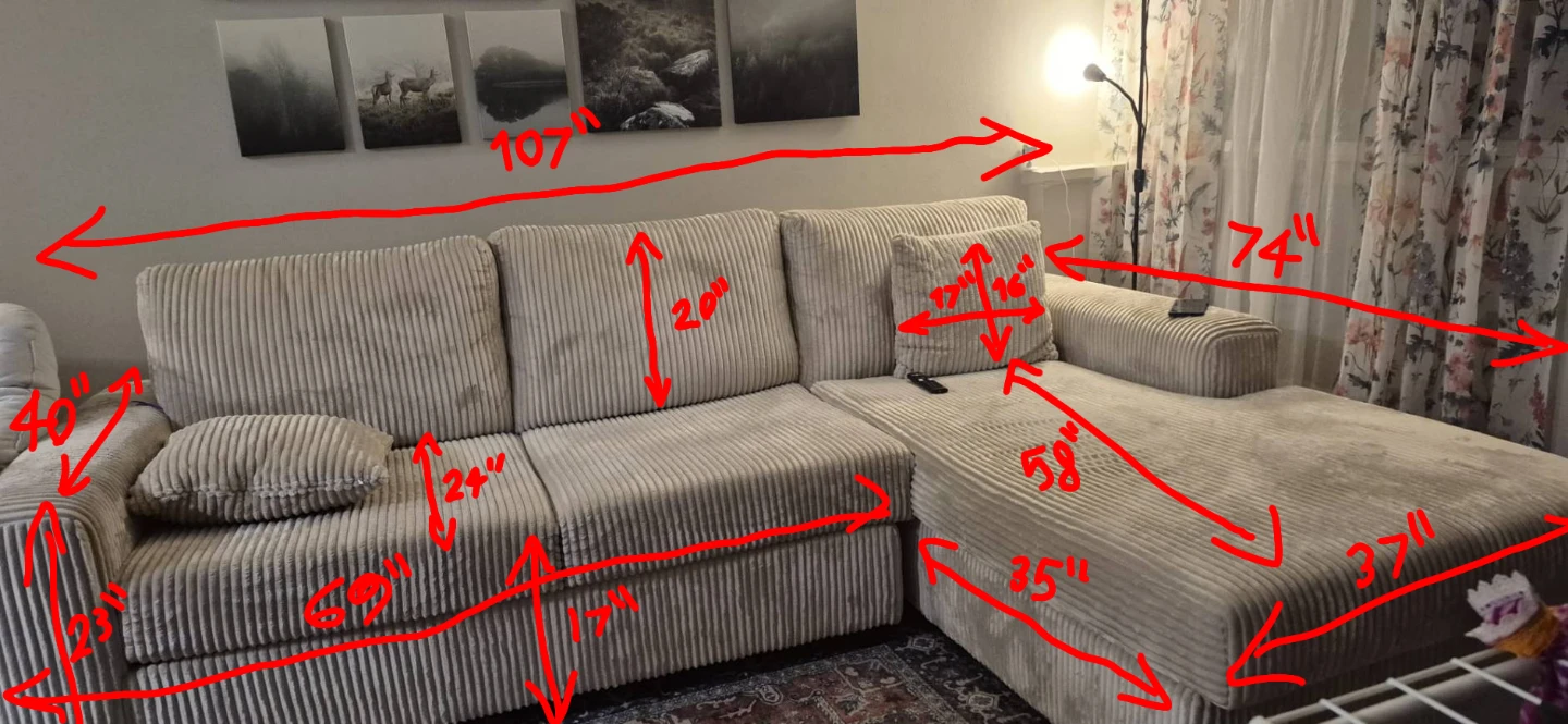 Cream Corduroy Sectional Sofa, - photo 4