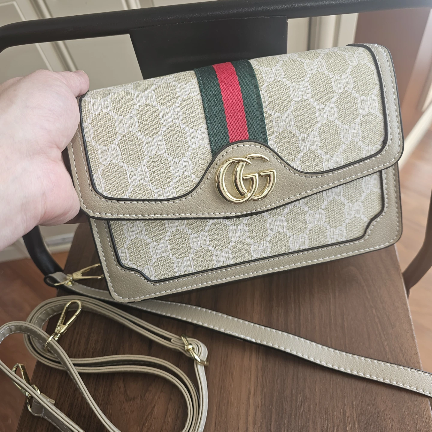 Tan Monogram Crossbody Bag with Green & Red Stripe Accent