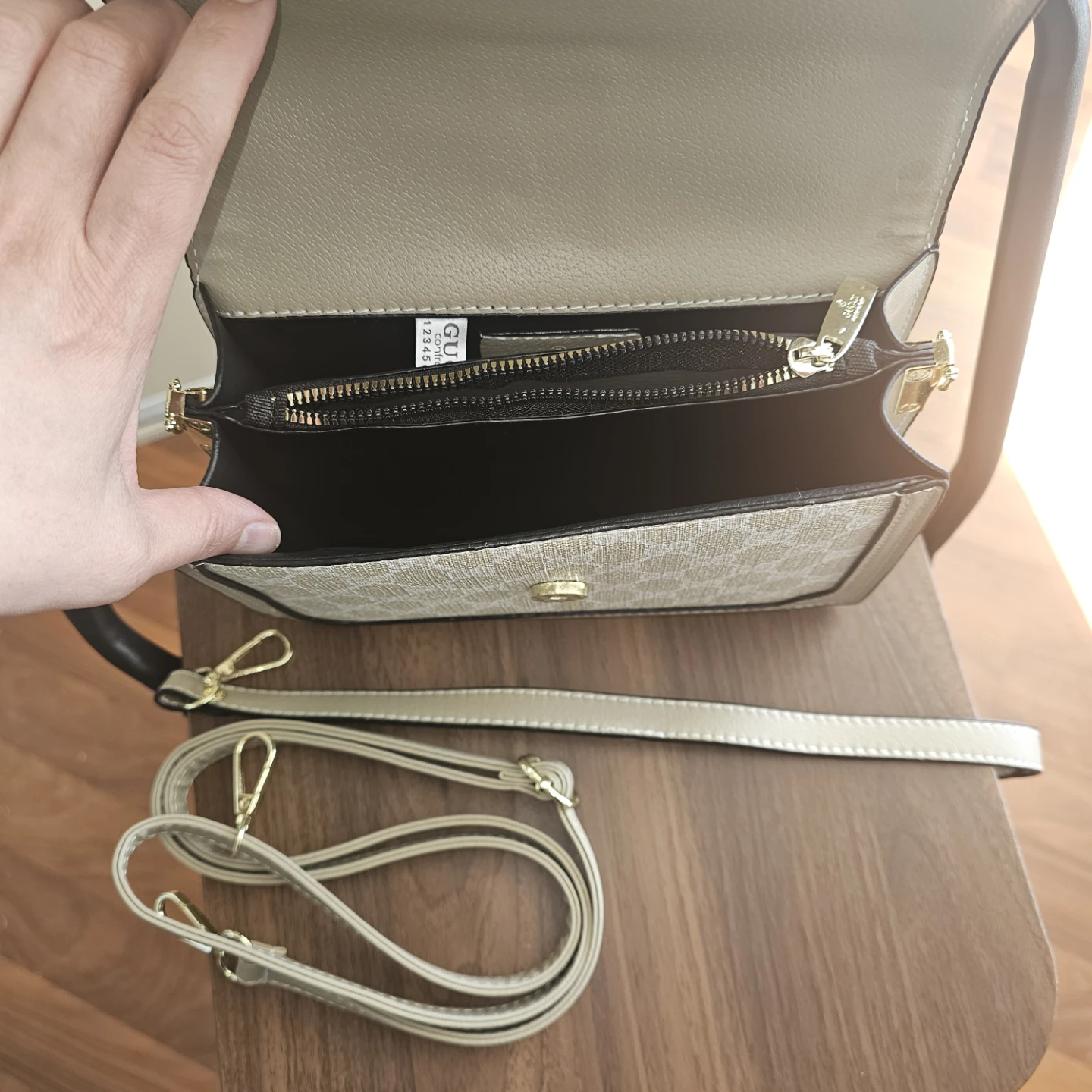 Tan Monogram Crossbody Bag with Green & Red Stripe Accent - photo 3