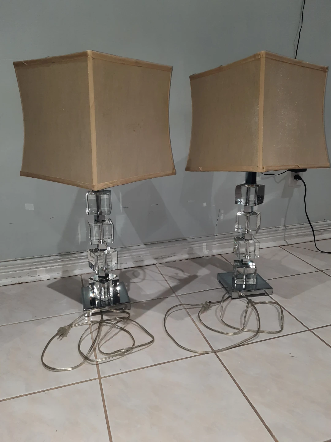 Pair of Crystal Cube Table Lamps with Beige Shades