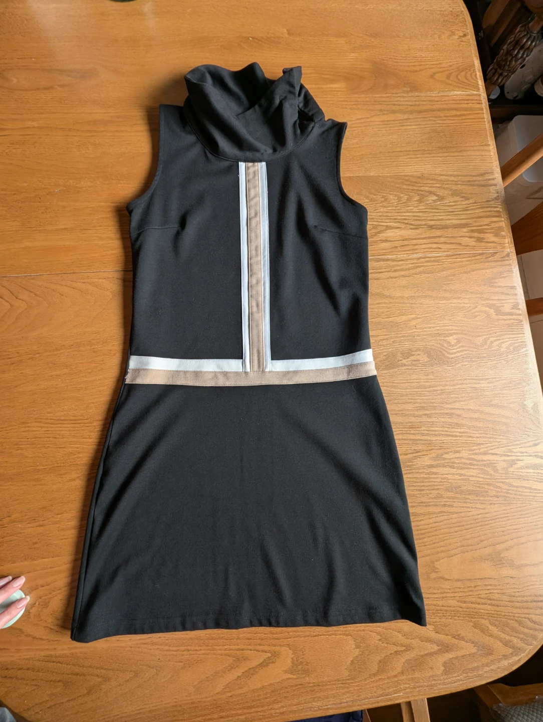 Suzy Shier Black Sleeveless Mock Neck Dress with Stripe Detail