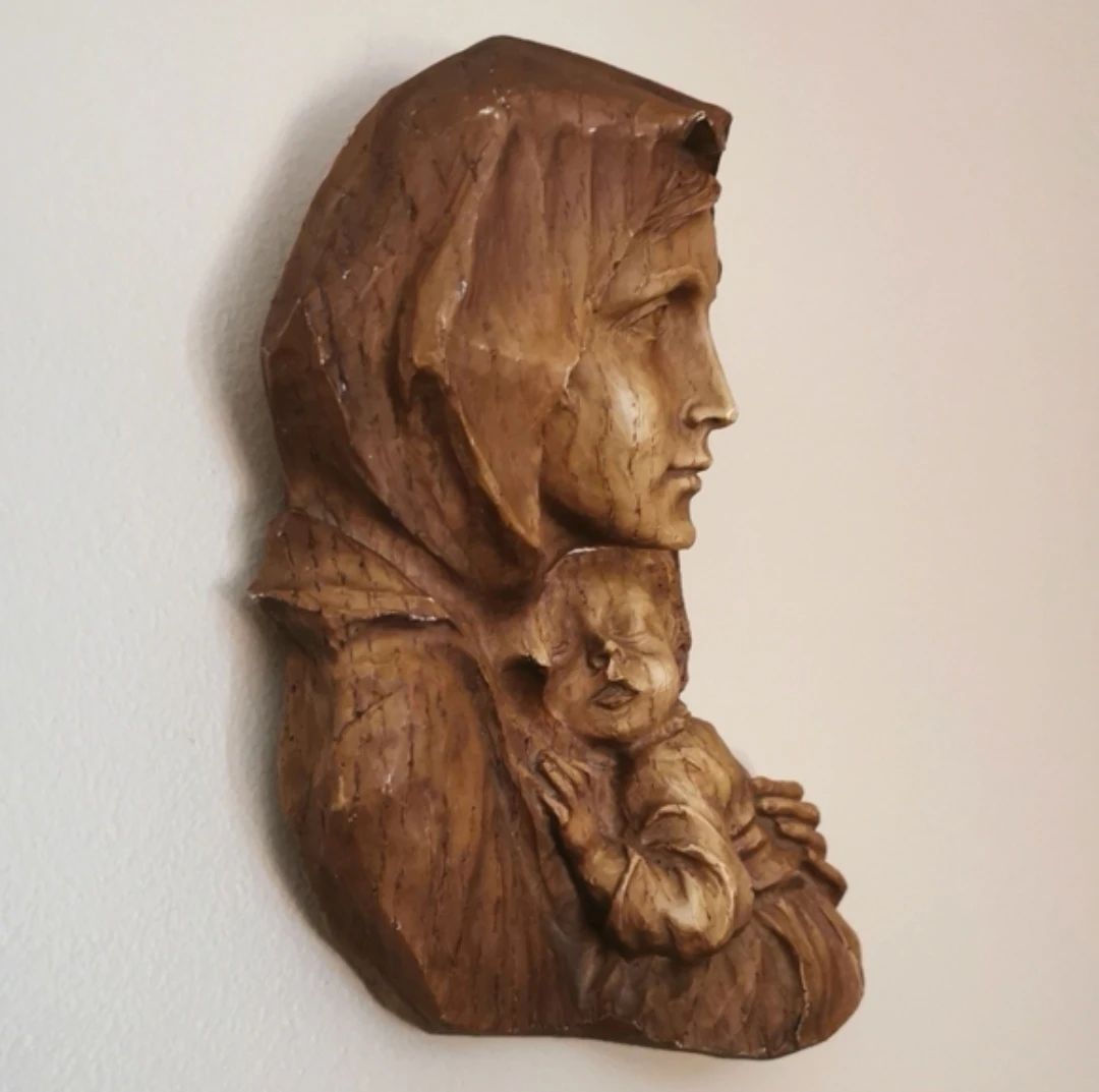 Vintage Hand Carved Madonna & Child Wood Wall Plaque - photo 3