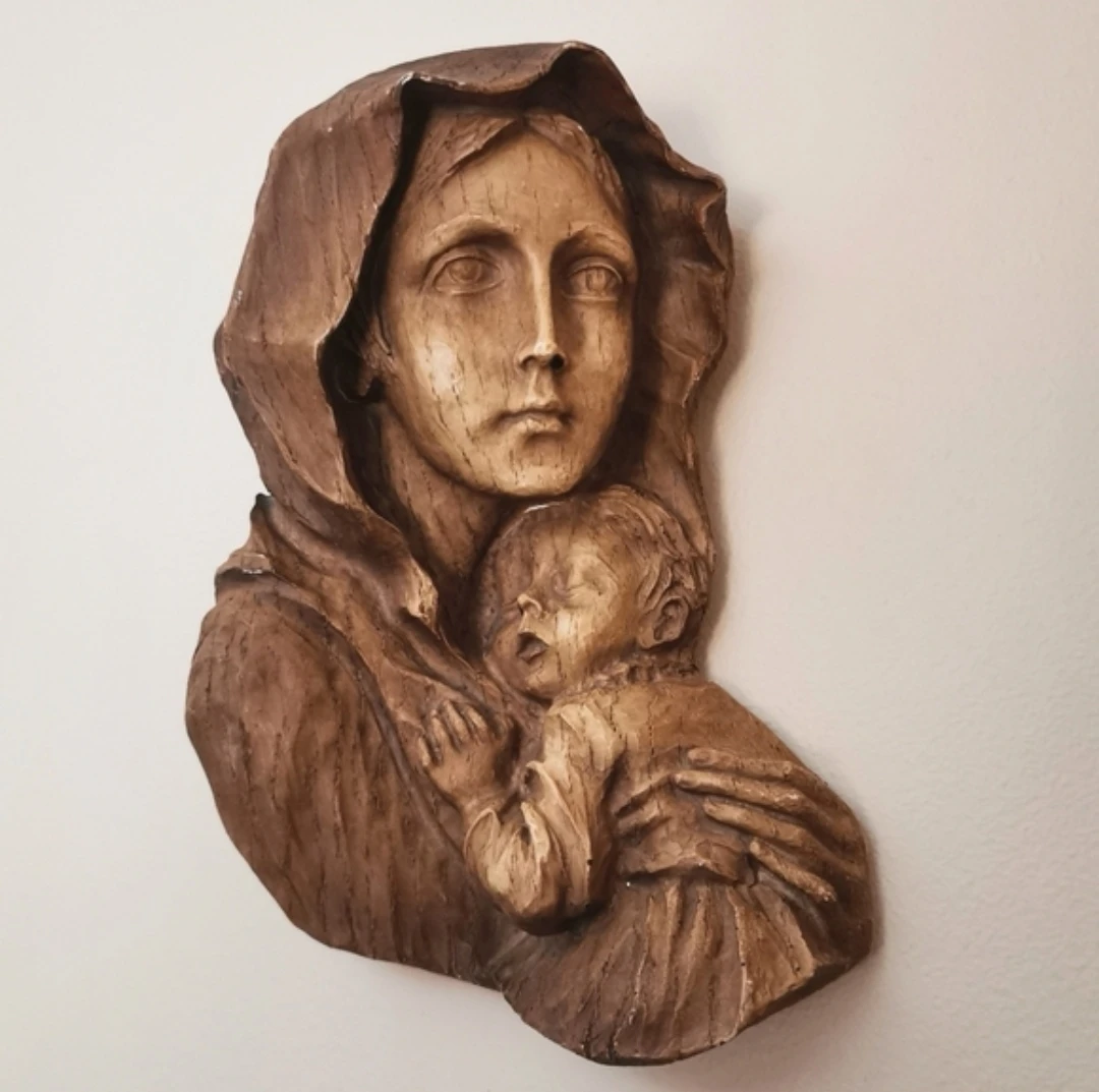 Vintage Hand Carved Madonna & Child Wood Wall Plaque - photo 4
