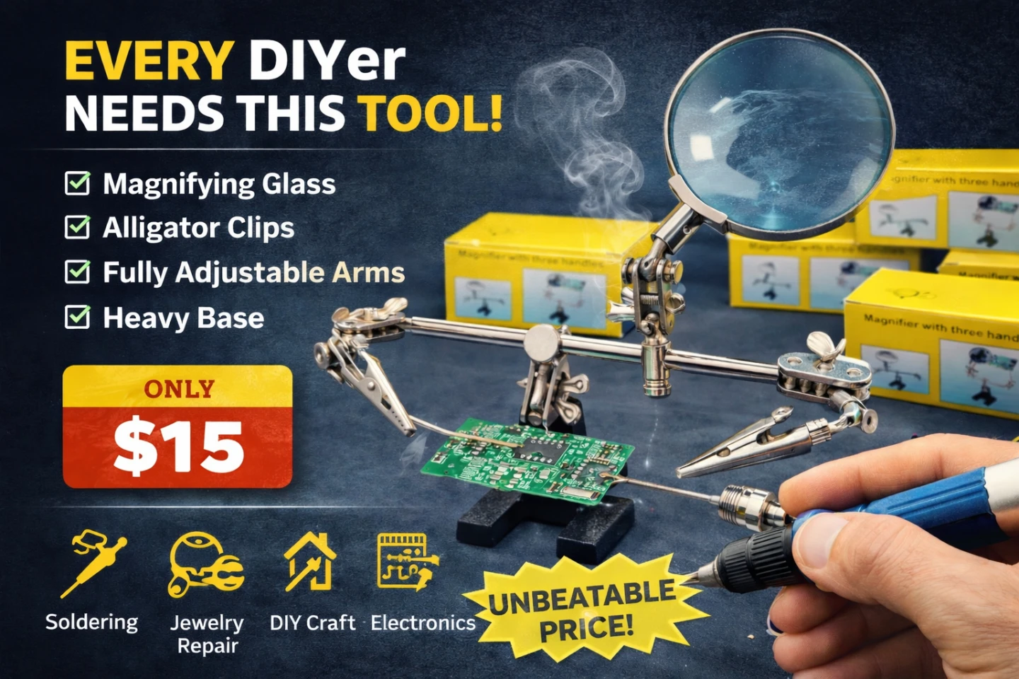 Third Hand Magnifying Glass Holder with Alligator Clips