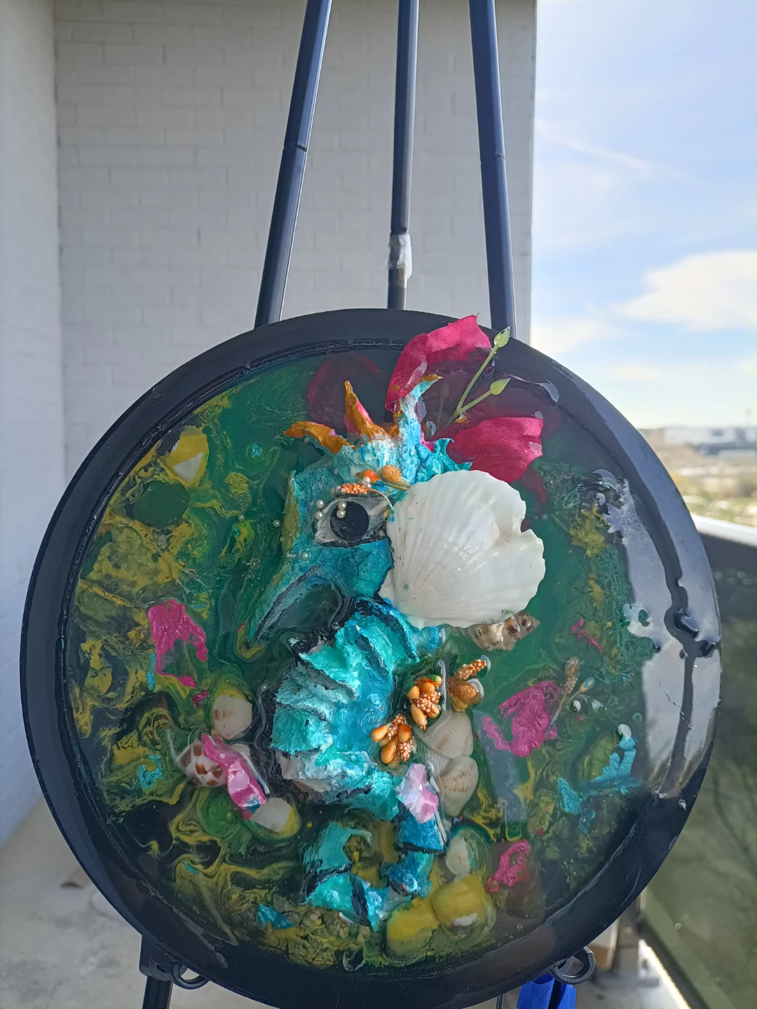 Resin Art Wall Decor with Seashells and Flowers