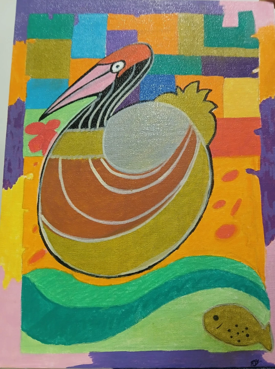 Original Acrylic Painting - Colorful Bird and Fish Art