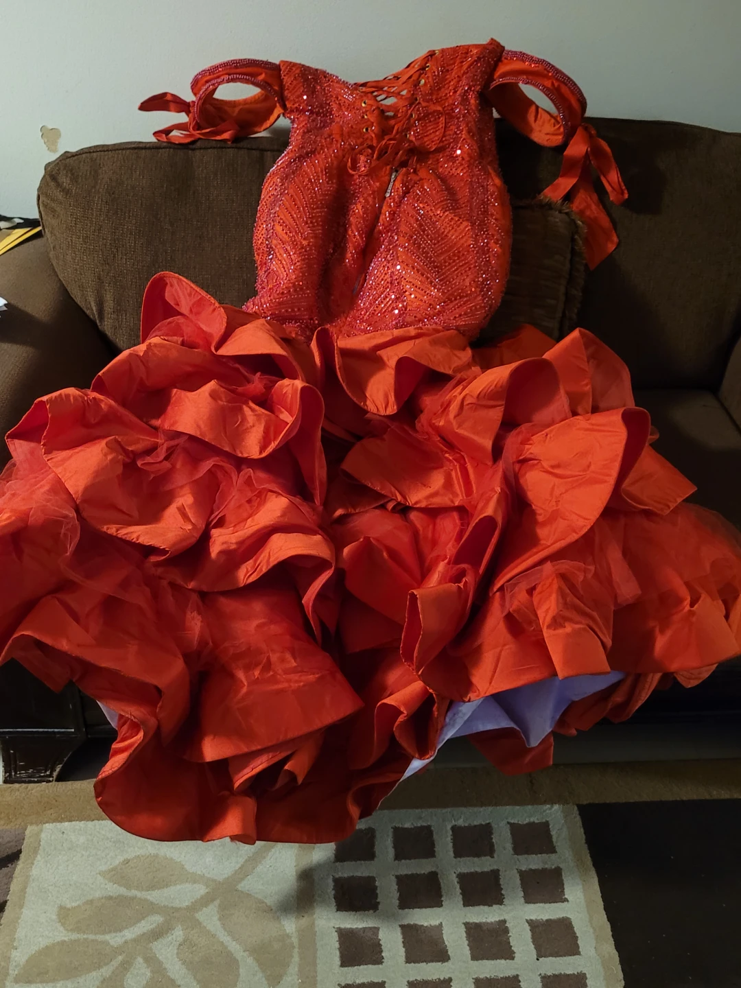 Red Off-the-Shoulder Beaded Ruffle Gown - photo 4