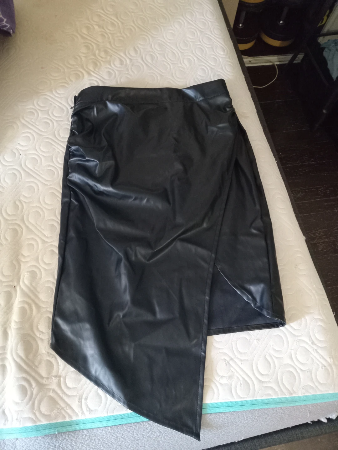 Cider Black Faux Leather Ruched Asymmetrical Midi Skirt XL