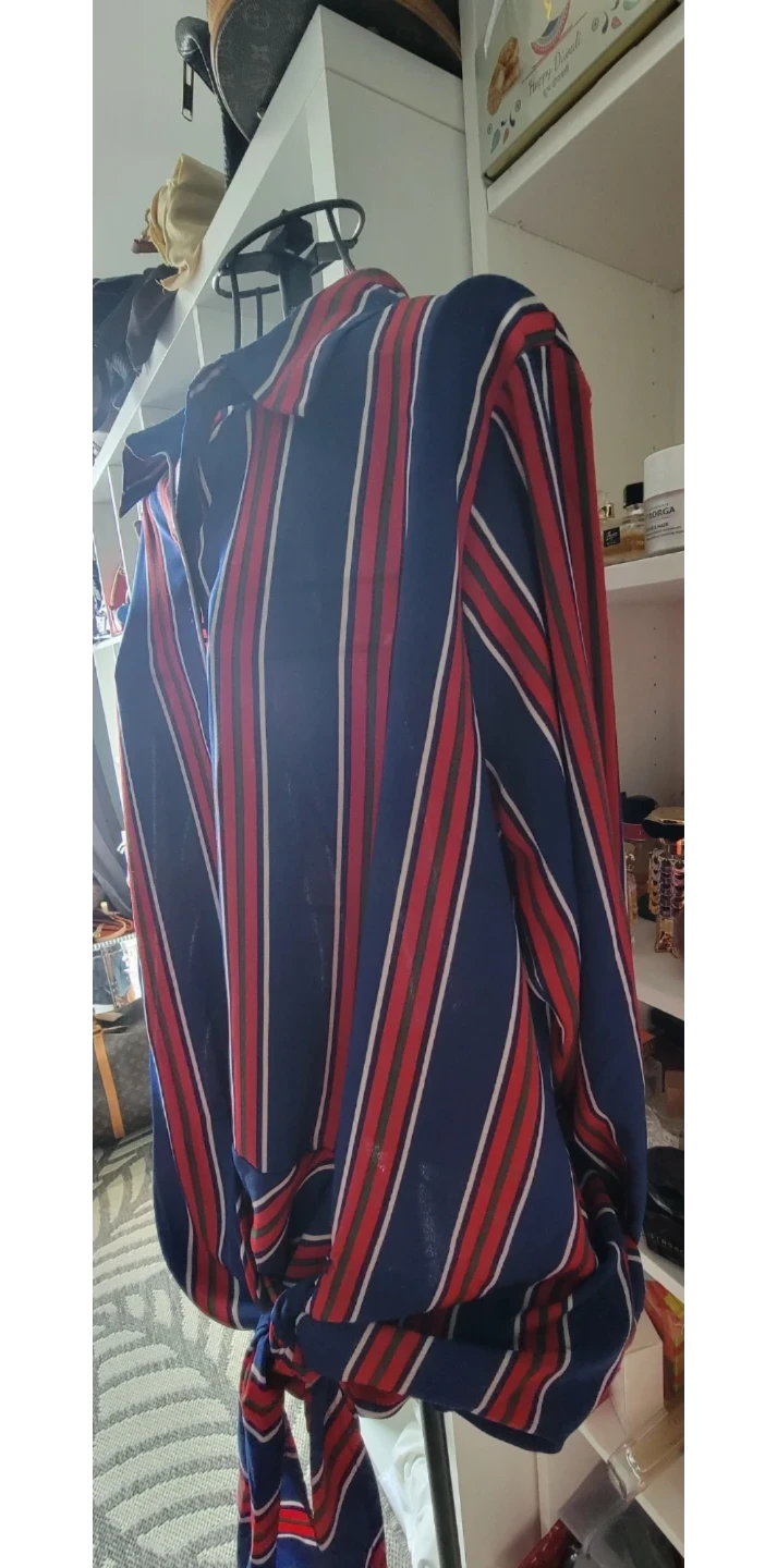 🌱 Blue, Red, and White Striped Button-Up Shirt with Tie Waist - photo 4