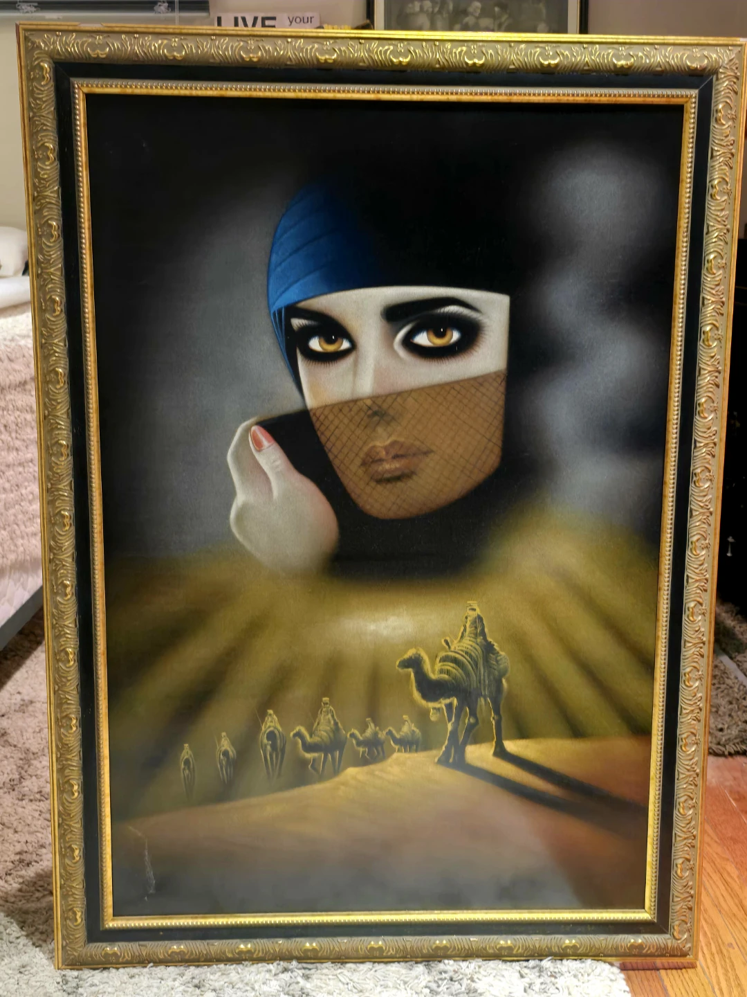 Framed Painting of Woman in Blue Veil and Desert Caravan - photo 5