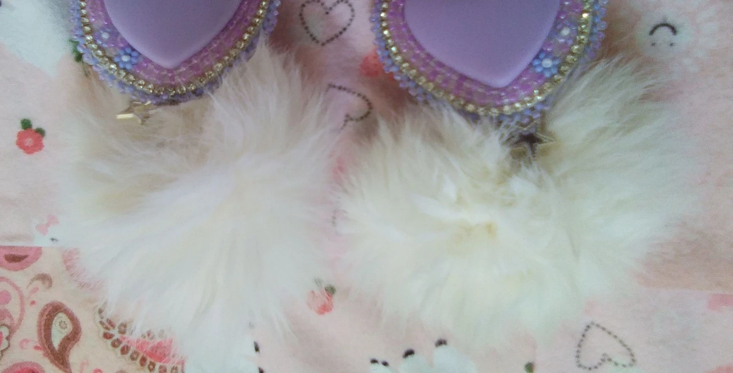 Beaded Earrings Purple Heart Rabbit fur pom-poms - photo 2