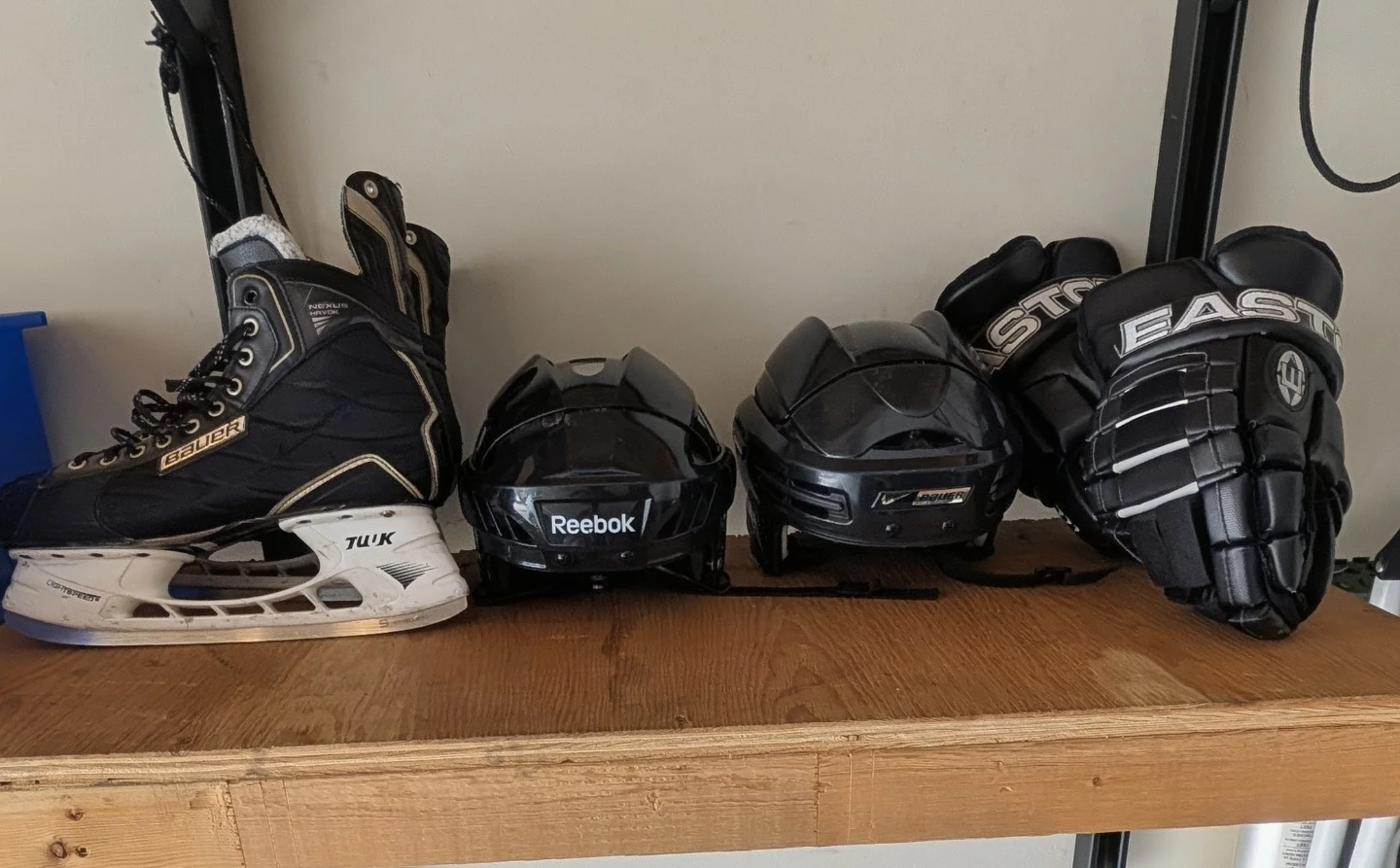 Bauer Nexus Hockey Skates, Reebok Helmet, and Easton Gloves