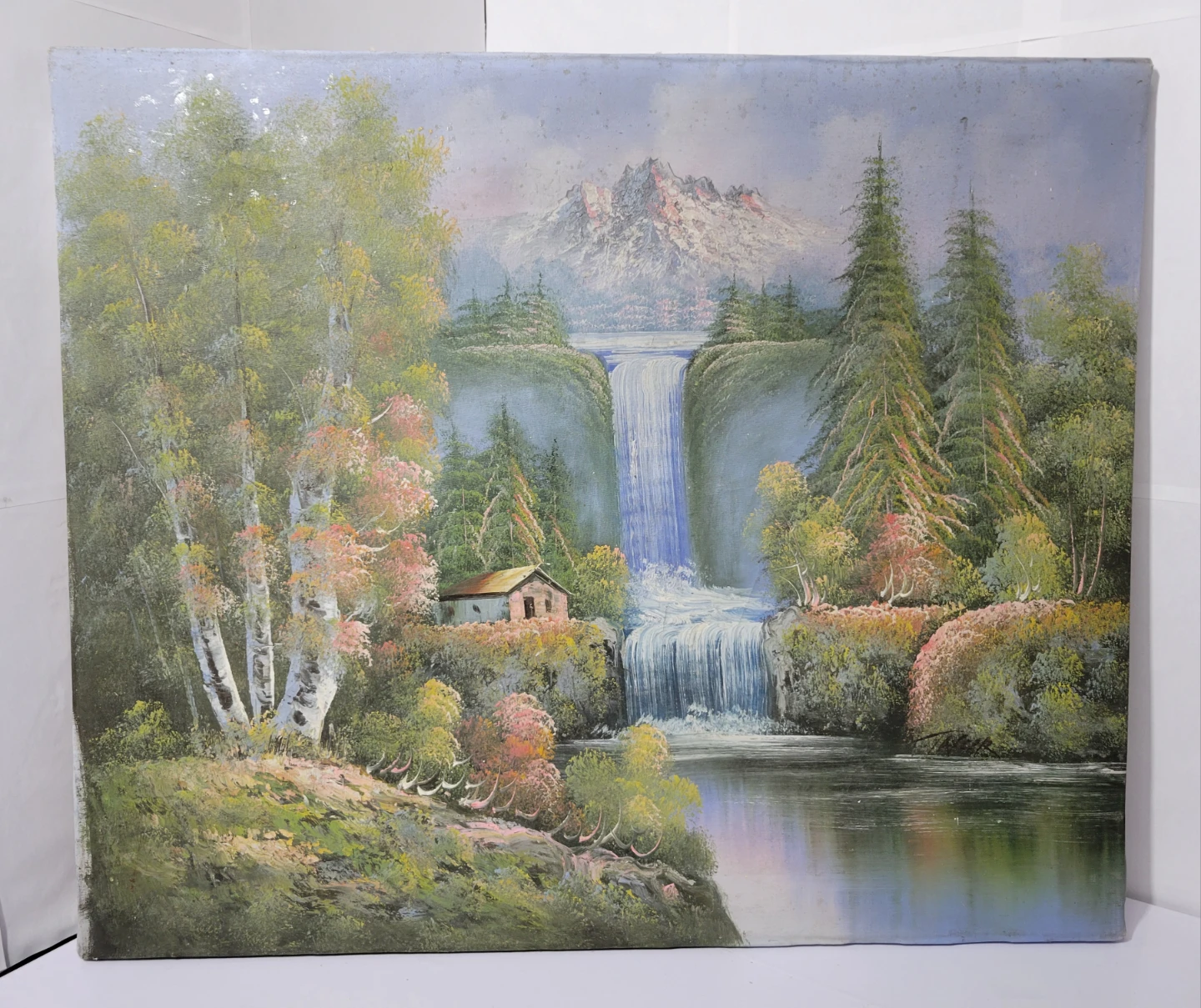 Framed Landscape Painting with Waterfall and Cabin 24"×20"