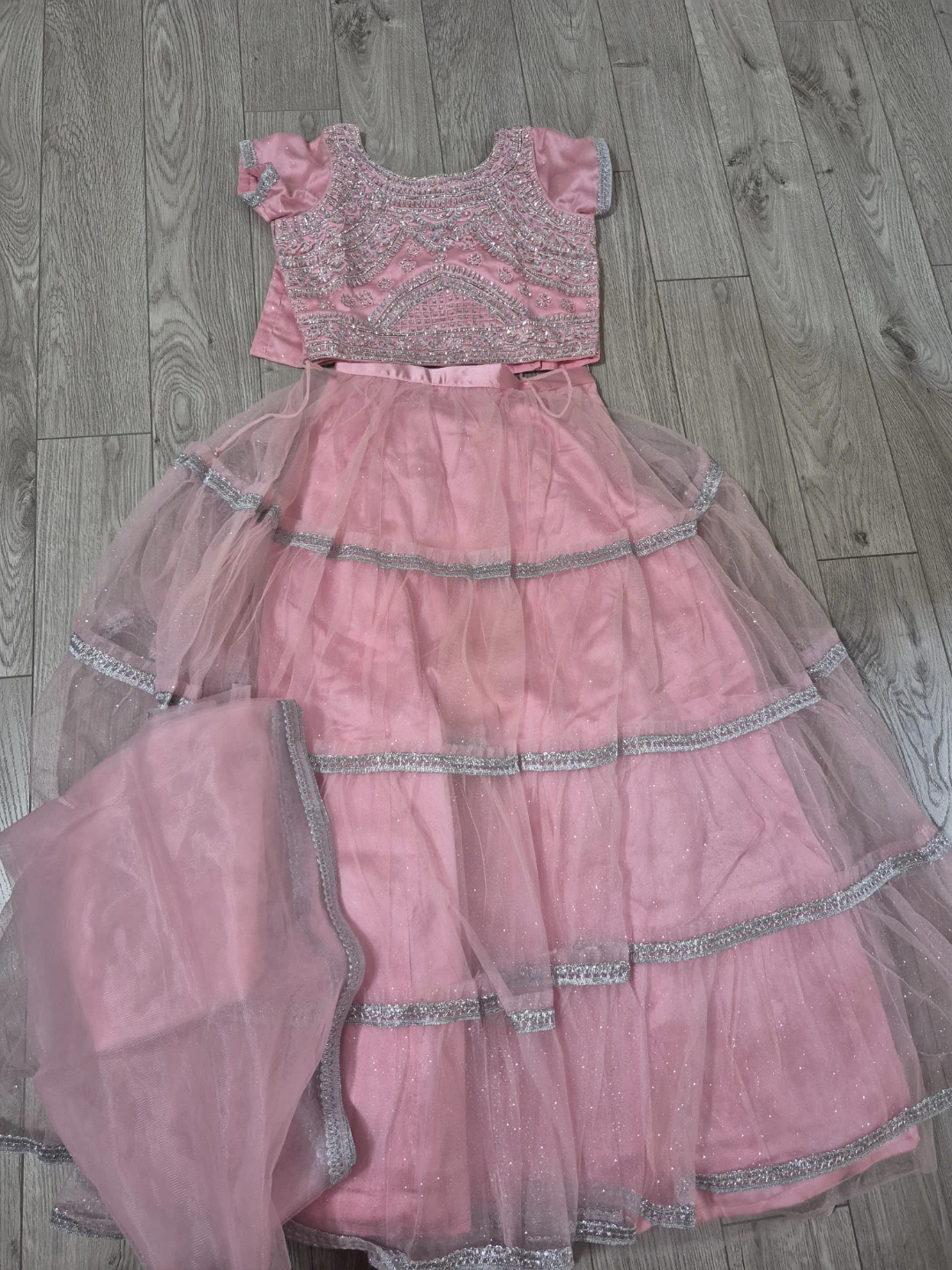 Pink Sequined Tiered Lehengas with Dupatta - photo 2
