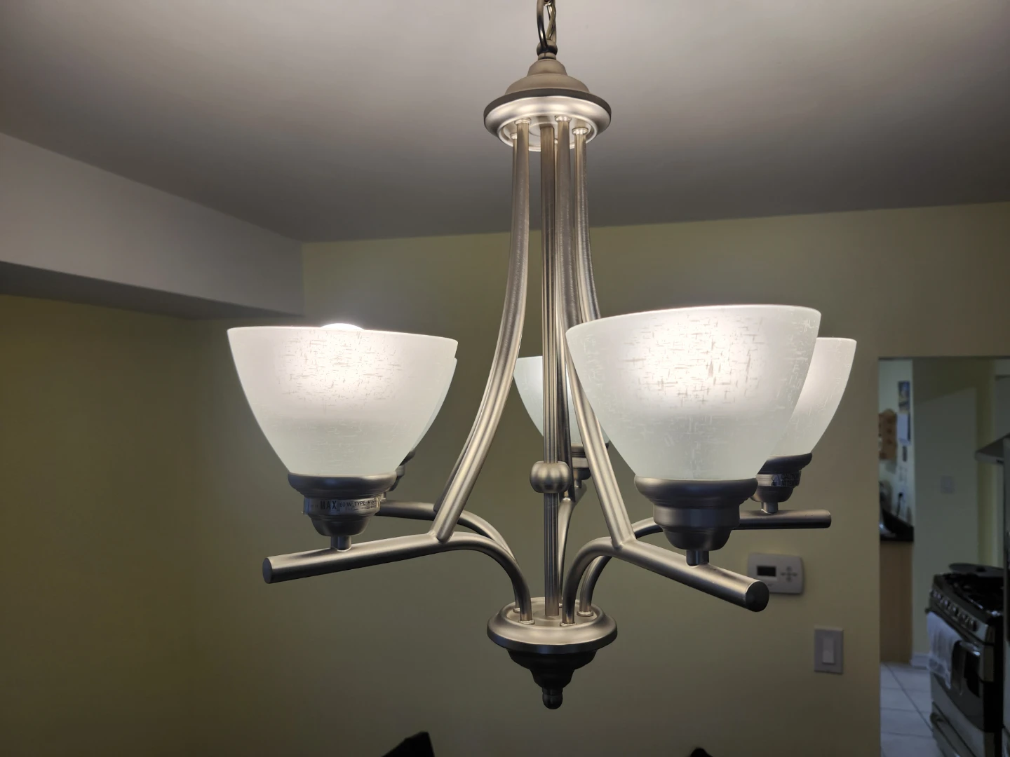 Modern 5-Light Brushed Nickel Chandelier - Frosted Glass Shades