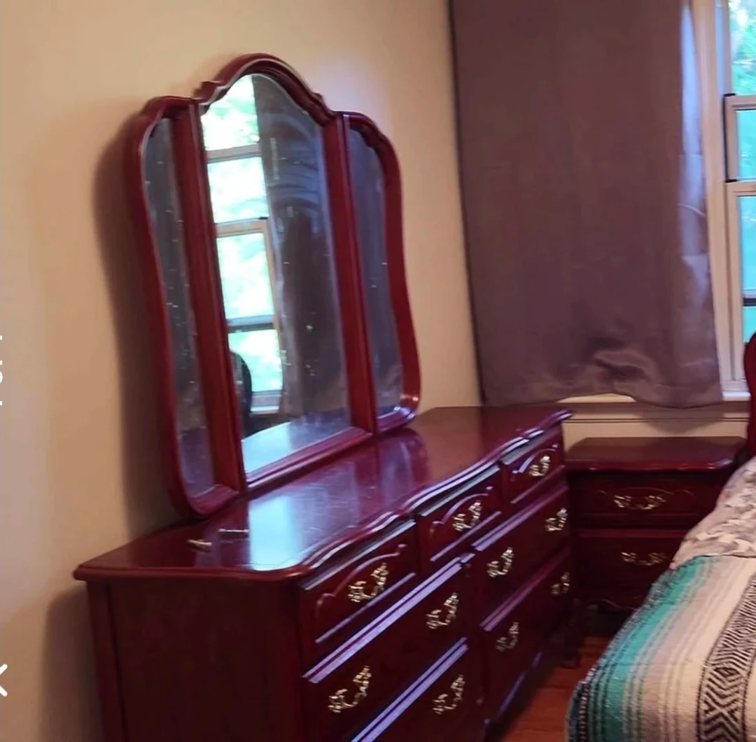 Burgundy Dresser with Tri-fold Mirror and Side Drawer