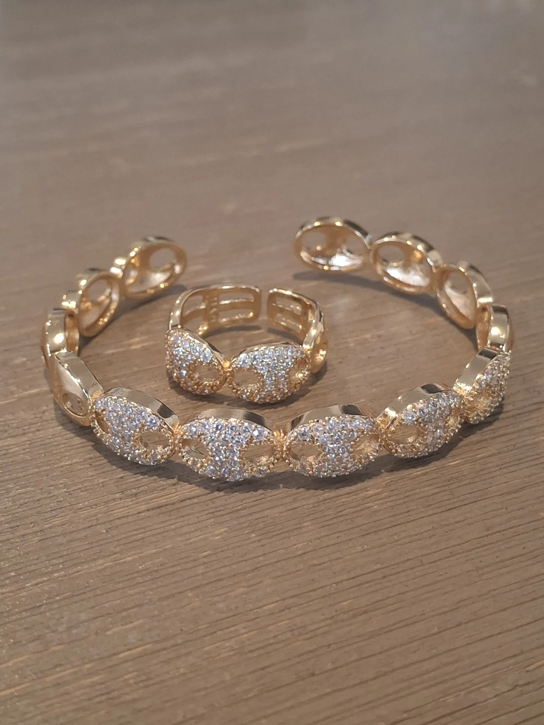 Gold Tone Bracelet and Ring Set with Rhinestones