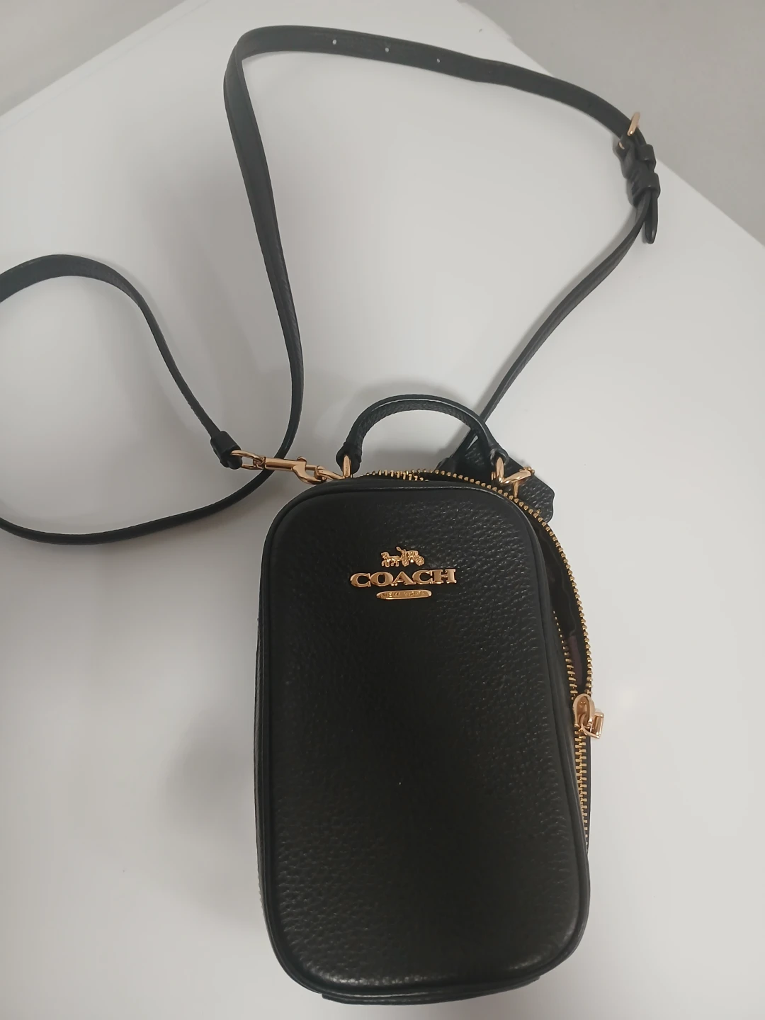 Coach Black Pebble Leather Phone Crossbody Bag
