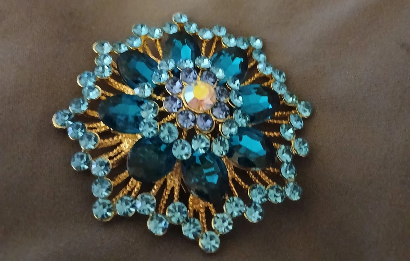 Gold-tone Flower Brooch with Blue Rhinestones - photo 3