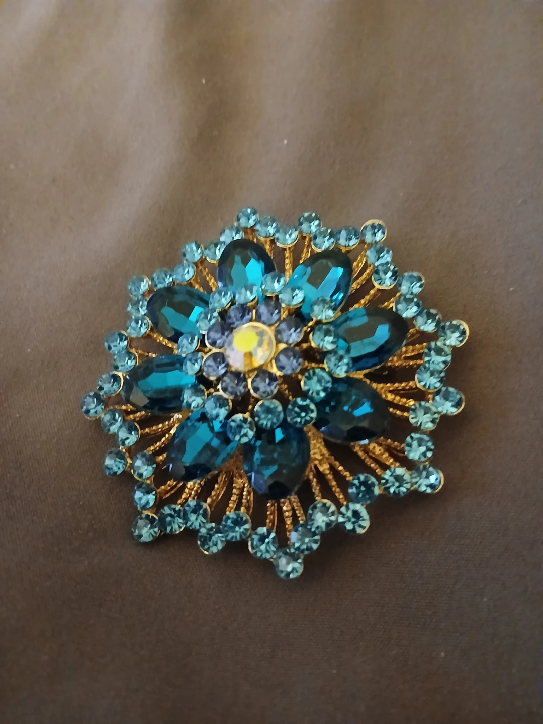 Gold-tone Flower Brooch with Blue Rhinestones - photo 4