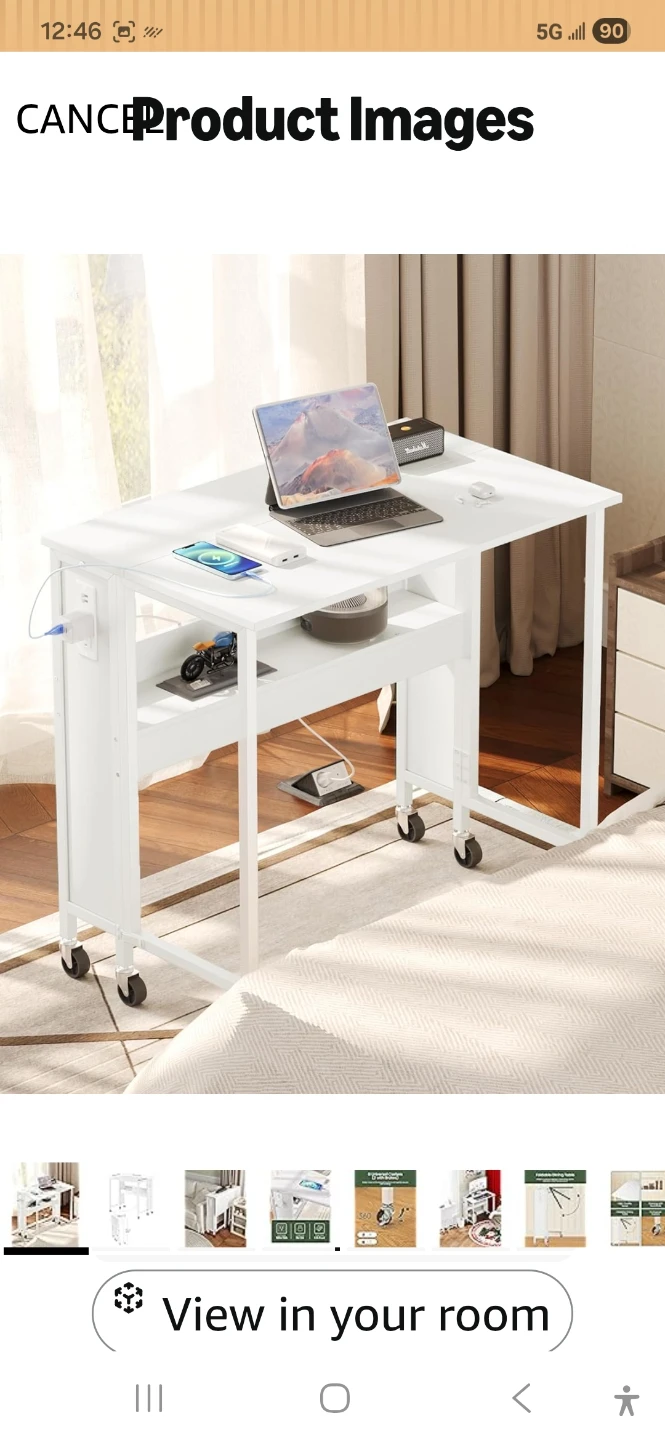 White Folding Table with 2 AC Outlets, 2 USB Ports, and Wheels