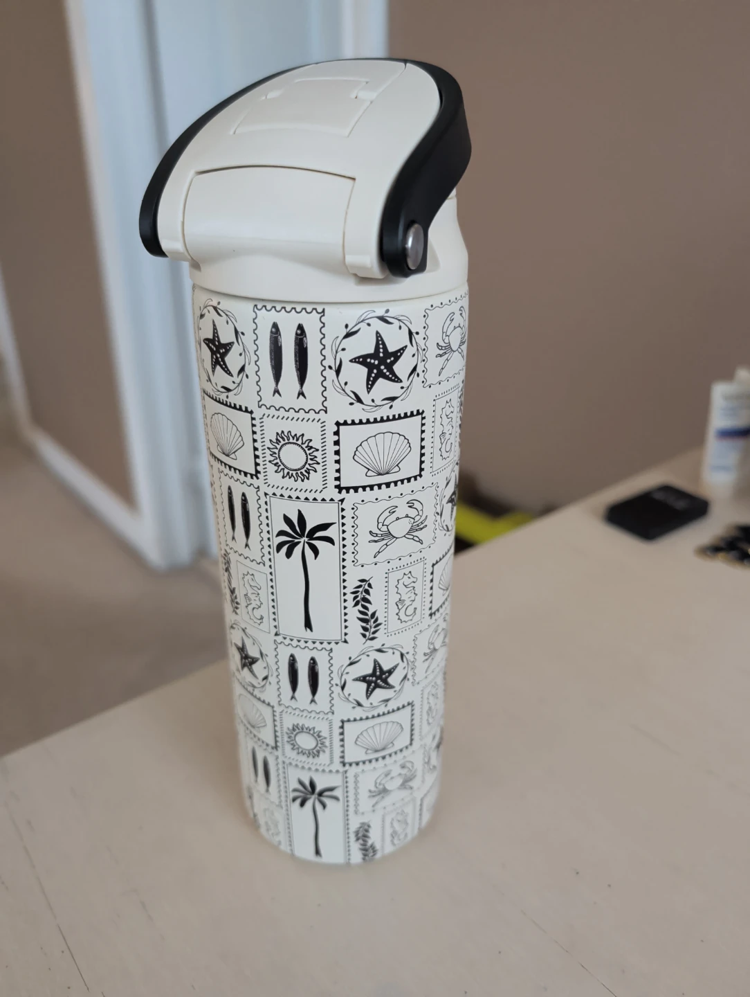 White Travel Tumbler with Stamp Print