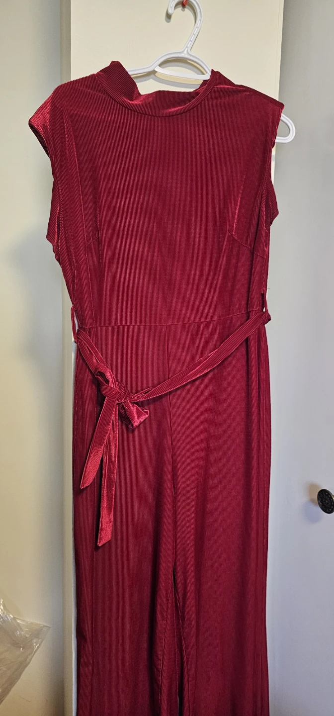 Red Ribbed Velvet Jumpsuit with Belt - photo 3