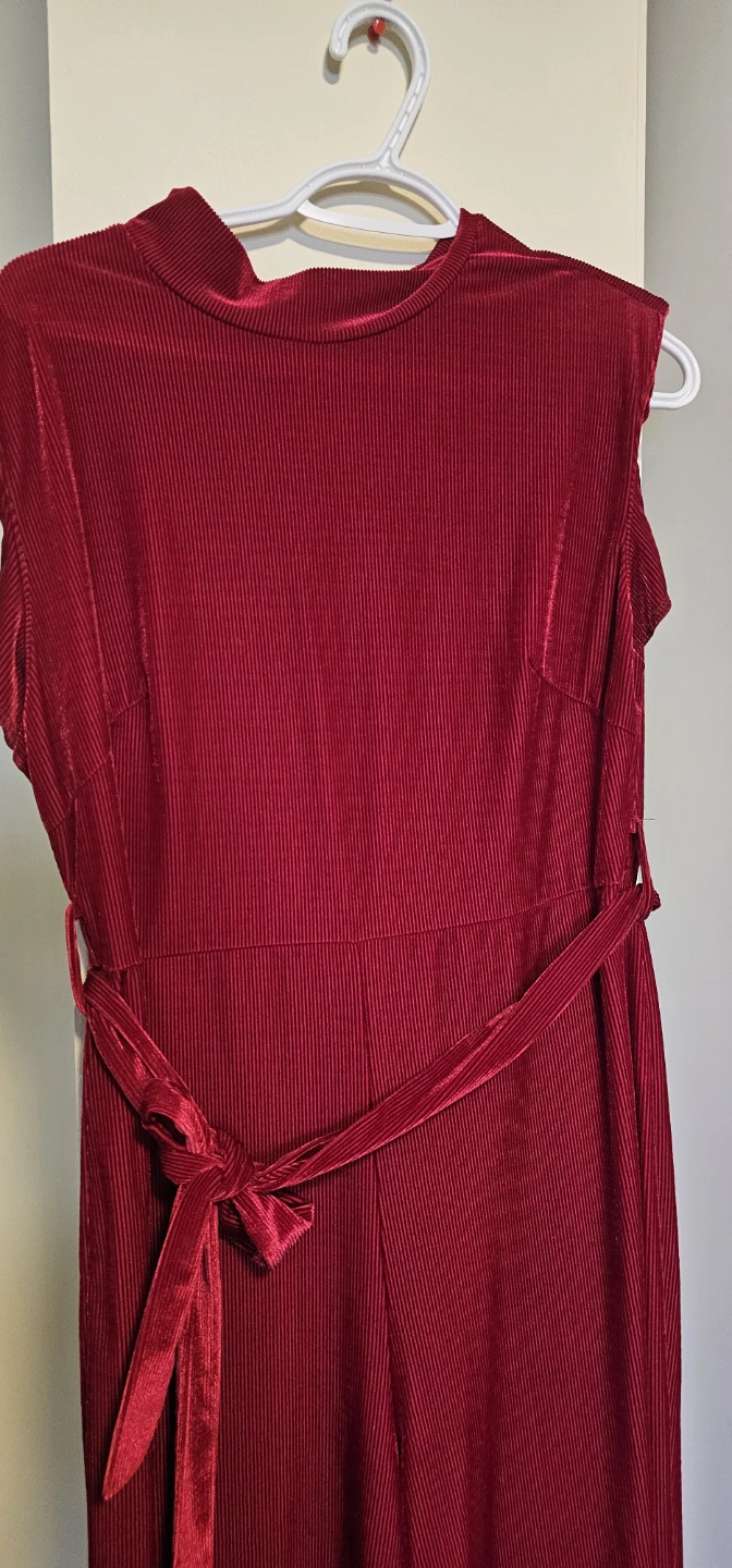 Red Ribbed Velvet Jumpsuit with Belt - photo 4