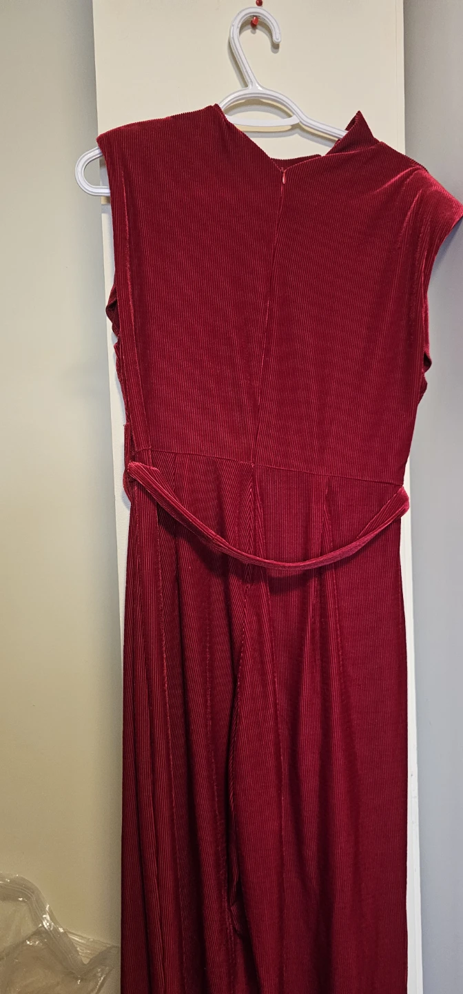 Red Ribbed Velvet Jumpsuit with Belt - photo 5