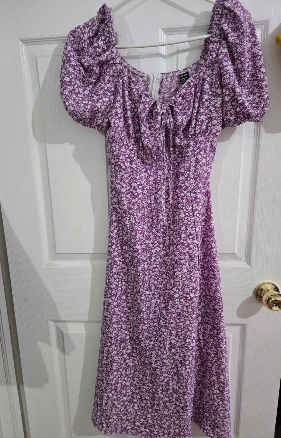 Shein Purple Floral Puff Sleeve Midi Dress