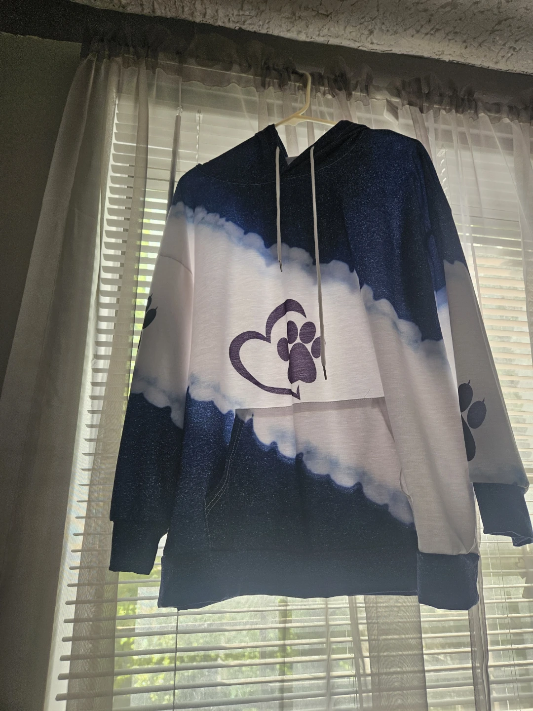 Blue and White Tie-Dye Hoodie with Paw Print Heart Graphic