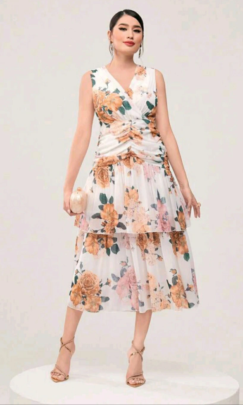 Floral Ruched Tiered Midi Dress