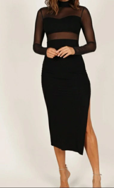 Black Mesh Detail Midi Dress
