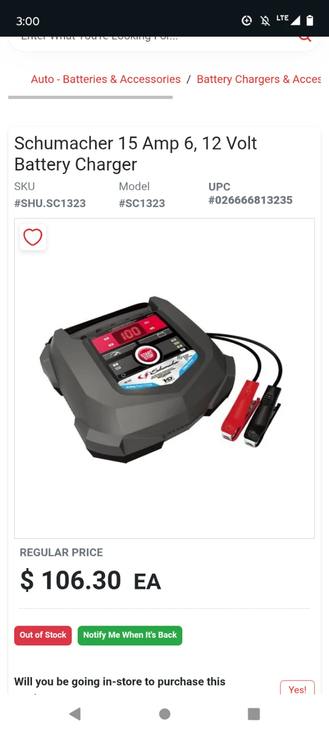 Schumacher 15 Amp 6/12 Volt Fully Automatic Battery Charger