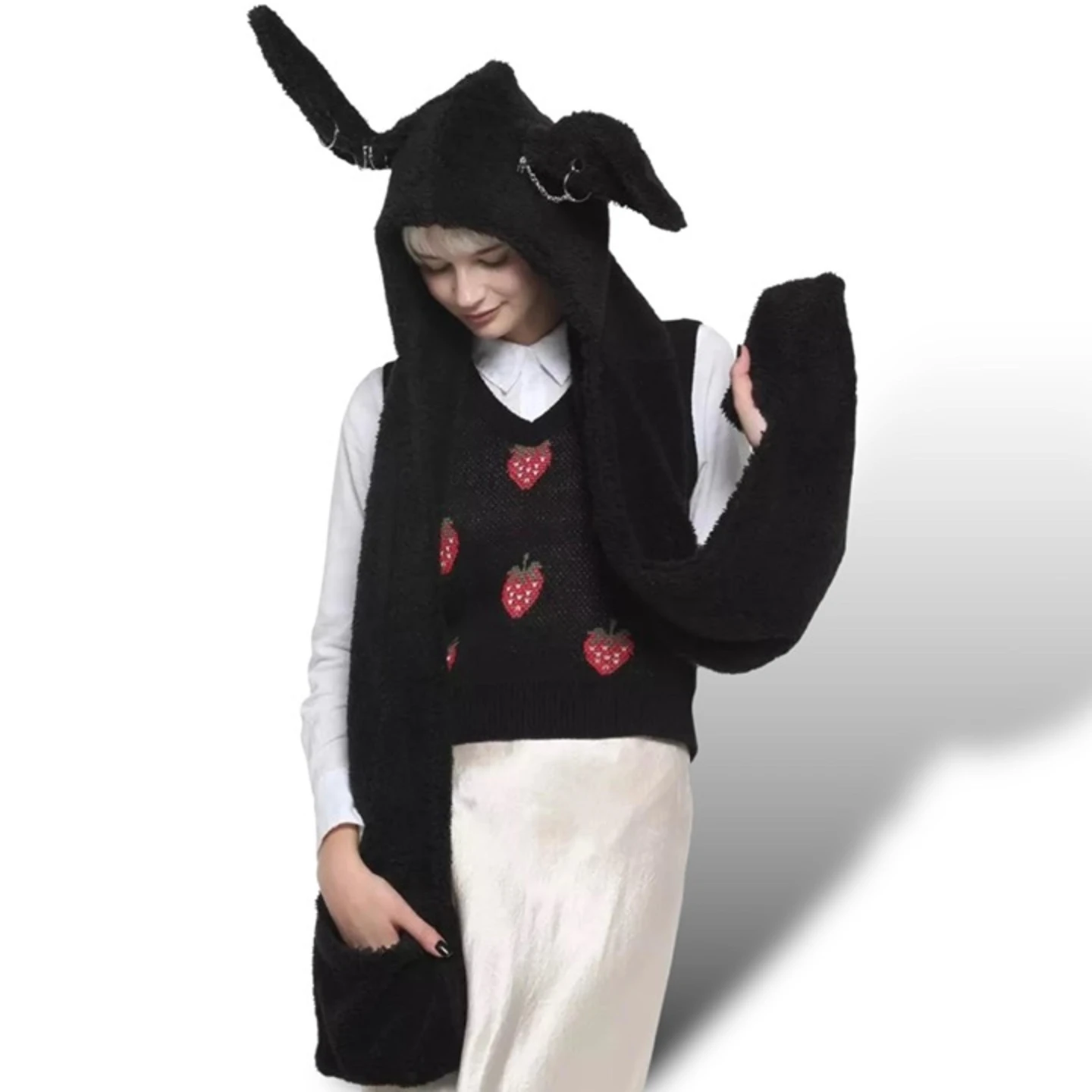 Black Teddy Fleece Hood Scarf with Mittens