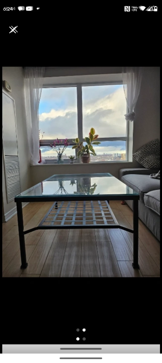 Large Modern Glass Top Coffee Table with Metal Grid Frame