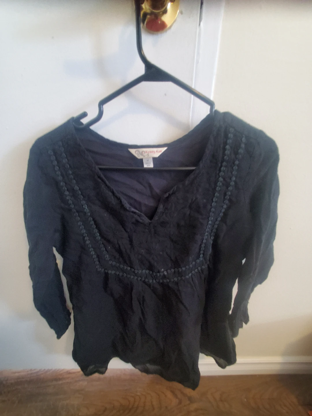 Krazy Kat Black Embroidered V-Neck Top - Size M
