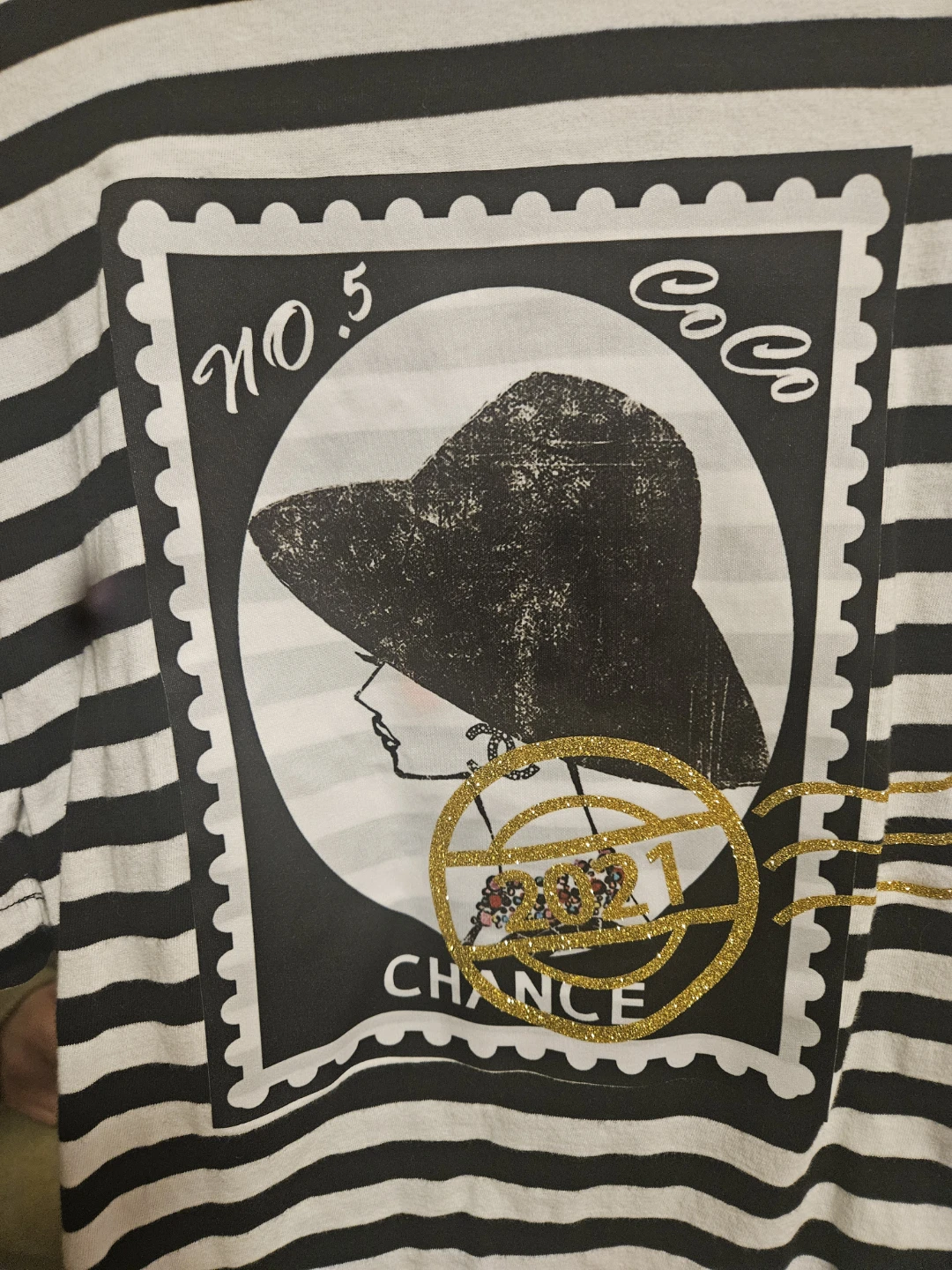 Black and White Striped T-Shirt with Stamp Graphic - photo 2